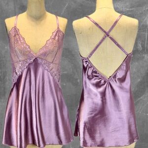 Lilac purple silky nighty nightgown lace mini skirt open back lingerie negligee